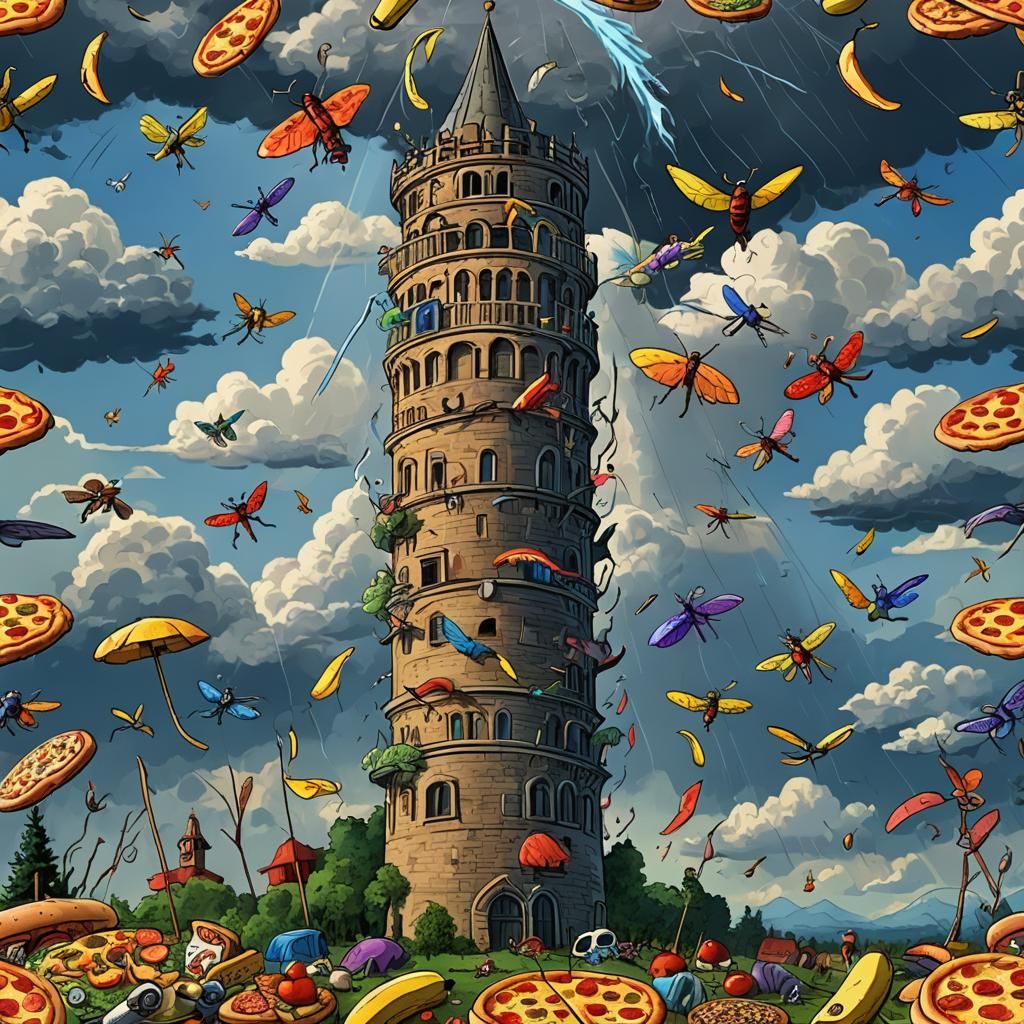 Surreal Rainbow Pizza Tower Funeral in Painterly Style