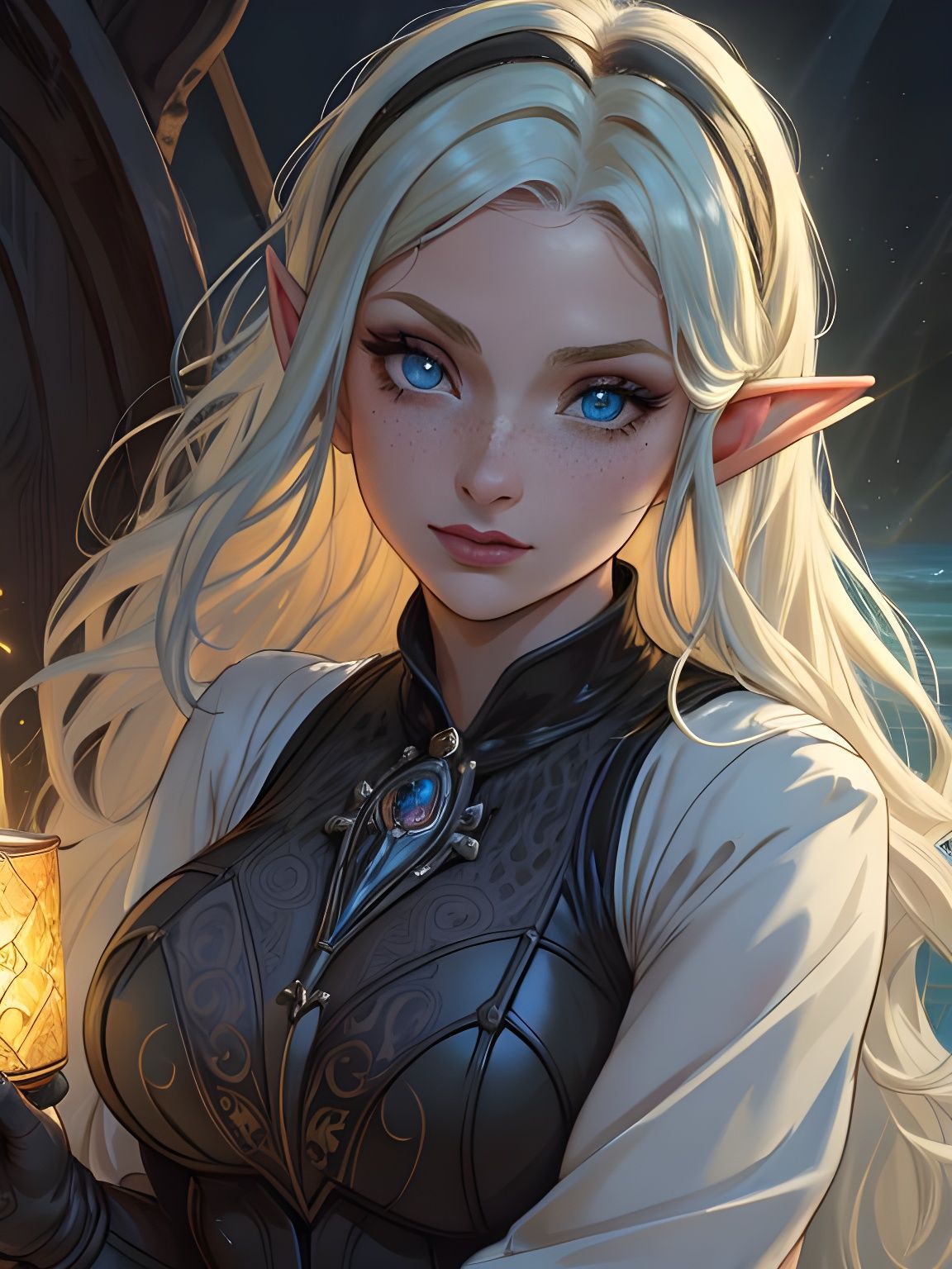 Anime Elf with Heterochromatic Eyes on Seascape