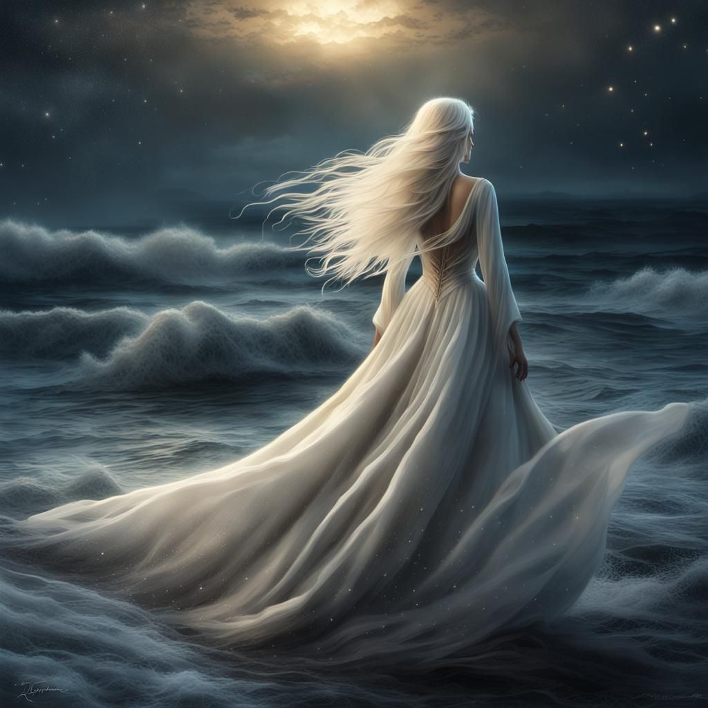 Mystical Princess Emerges from Sea at Night