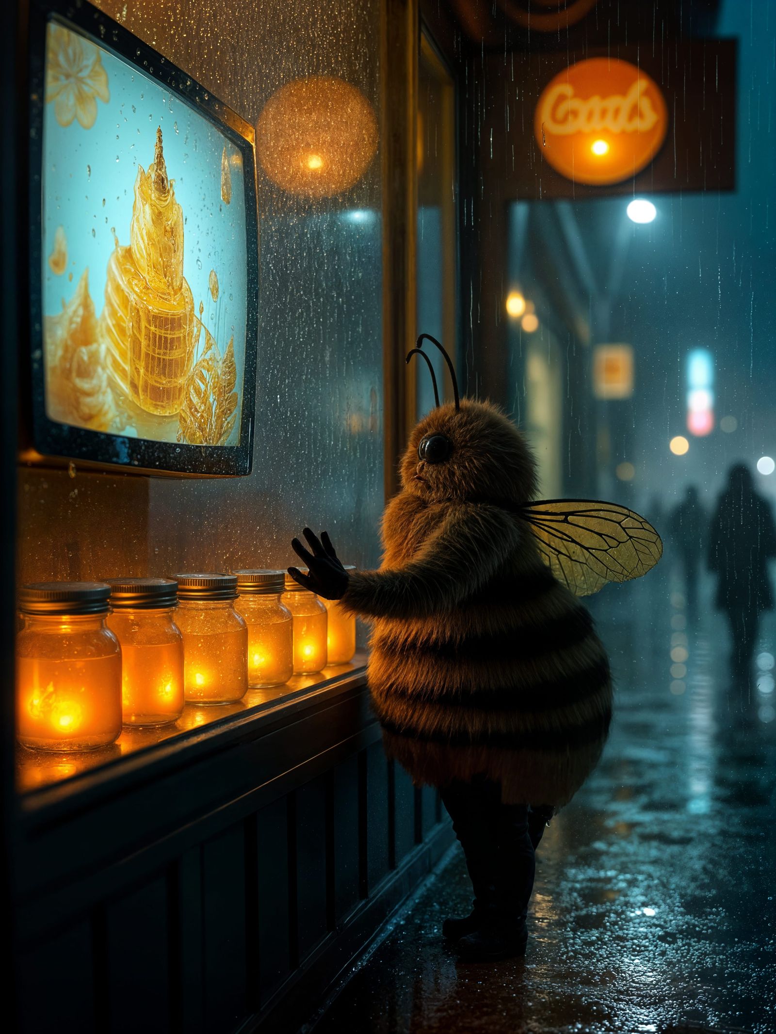 Bee in a Rainy Street Scene, Lit by a Shop Window