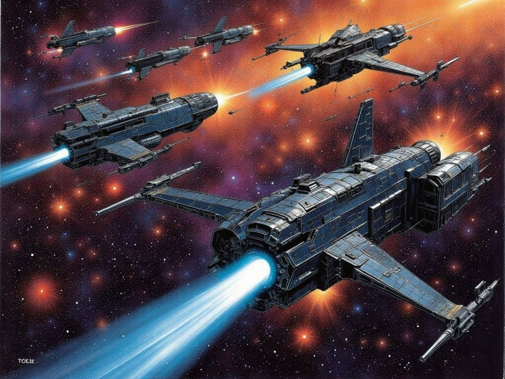 Battle scene between spaceships in a galactic war, in a cinematic style