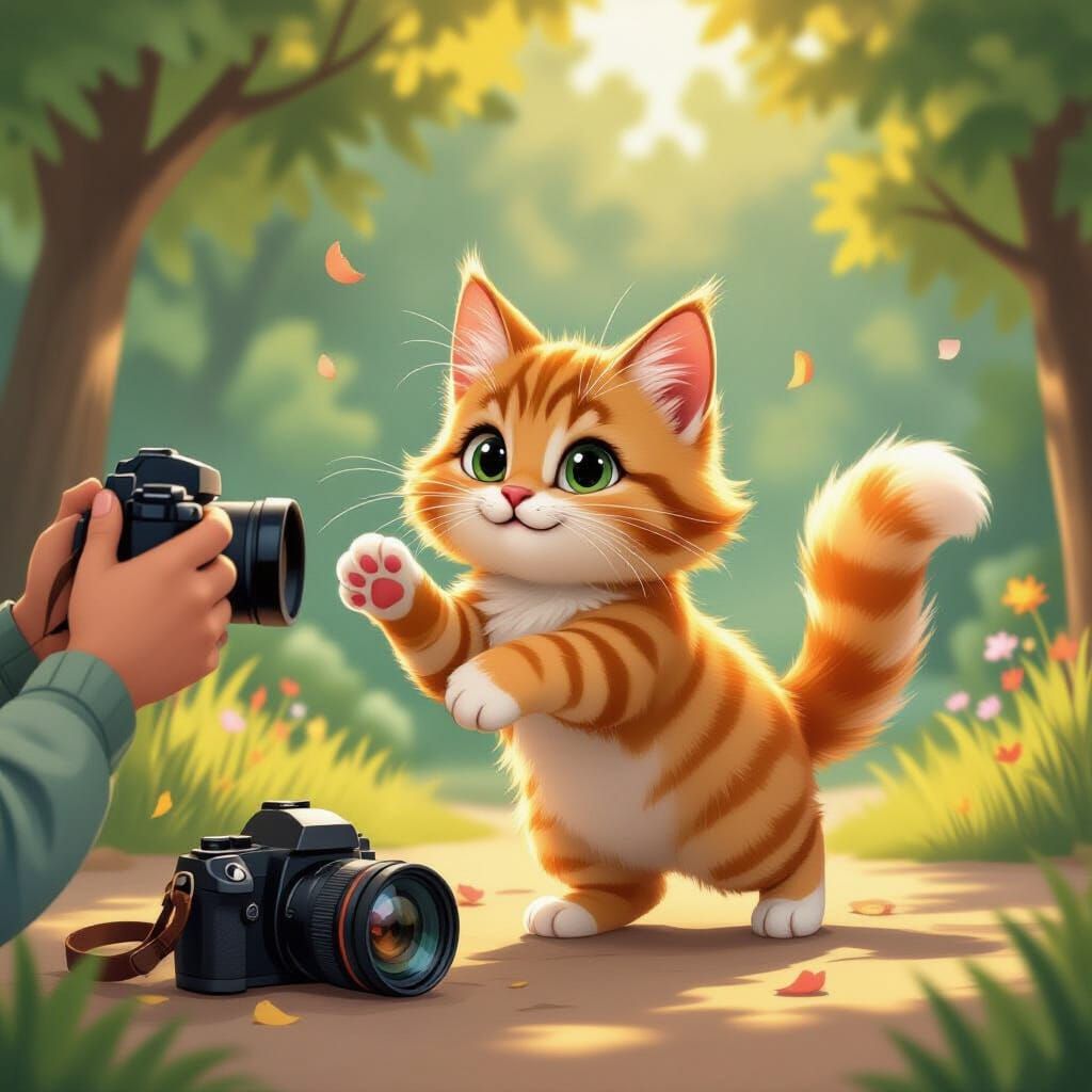 Mischievous Cat Knocks Over Camera in Whimsical Illustration
