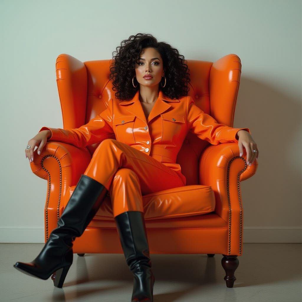 Orange Vinyl Woman: Hyperrealistic Cinematic Film Still