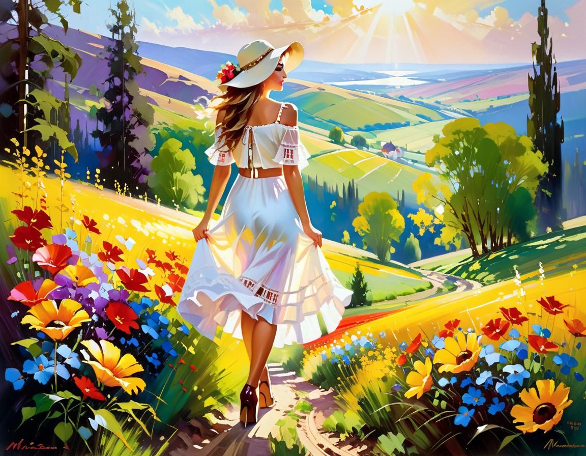Vivid Sunny Landscape Painting Inspired by Romantic Realism