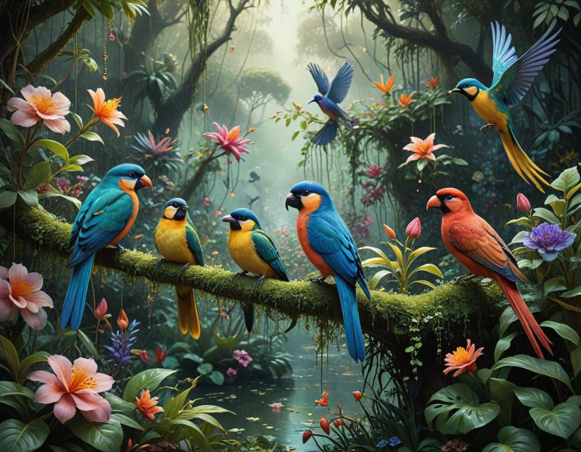 Exotic Birds in Whimsical Garden, Painterly Fantasy Art