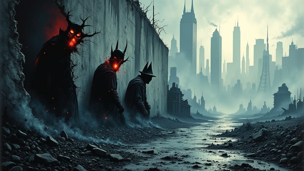 Three Figures Hide in Foggy City Comic Art