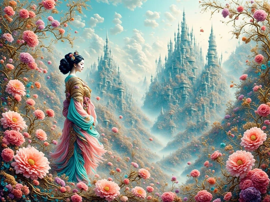 Geisha in Floral Landscape with Cyberpunk City