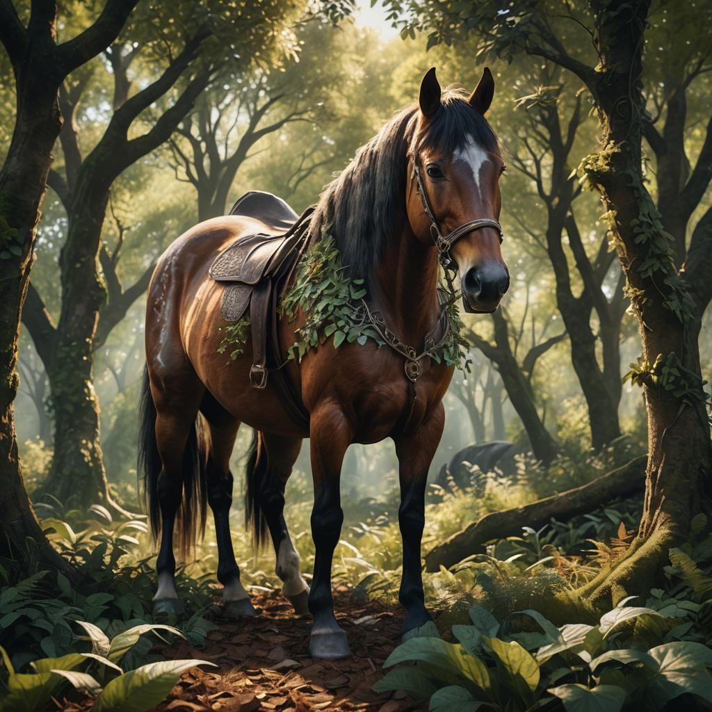 Horse Eating in Underbrush: Detailed Matte Painting