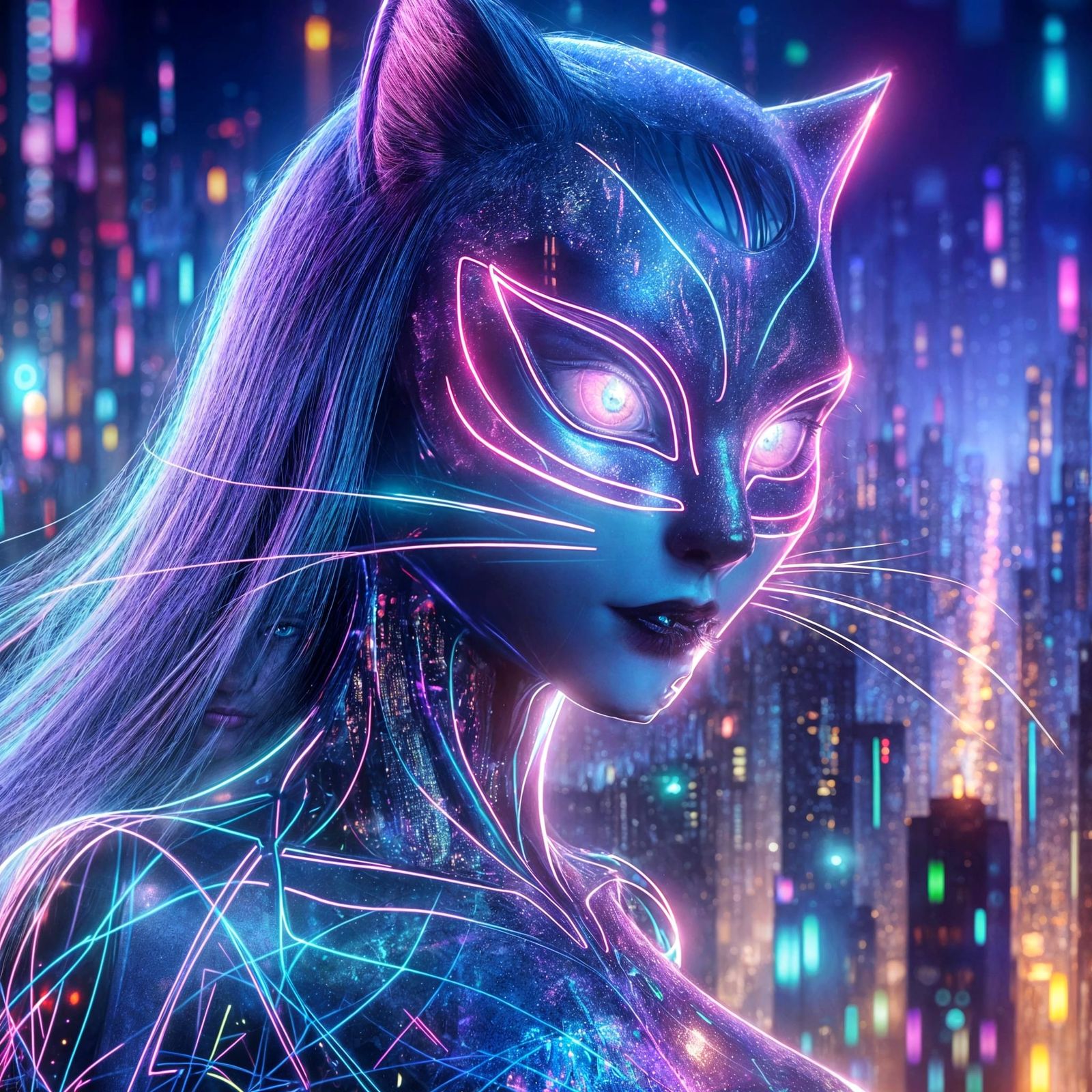 Neon-Lit Feline Vigilante in Holographic Projection