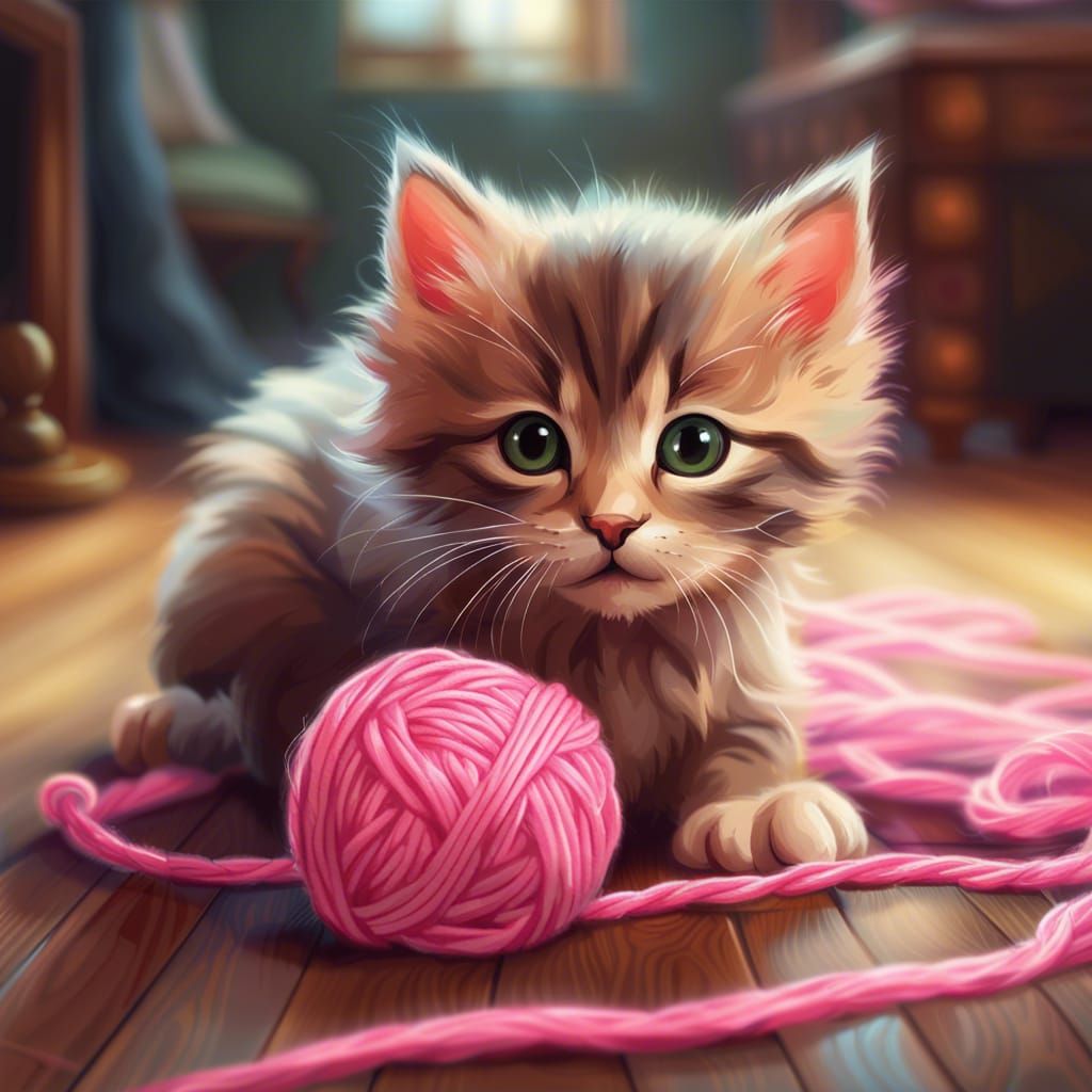 Kitten Plays with Yarn: Clair-obscur Digital Painting