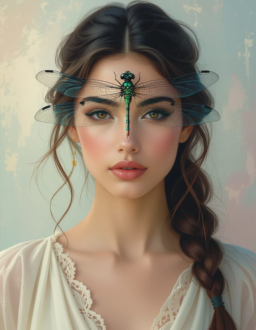 Serene Woman with Dragonfly in Dreamy Pastel