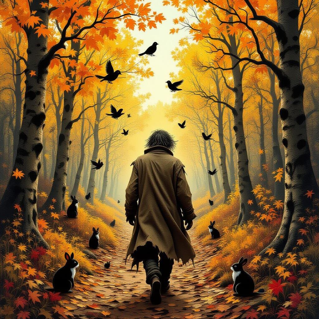 Surreal Autumnal Forest Scene with Floating Creatures