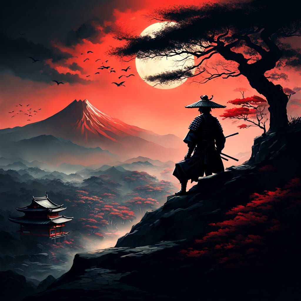 Lone Samurai in Dramatic Japanese Countryside Oil Painting