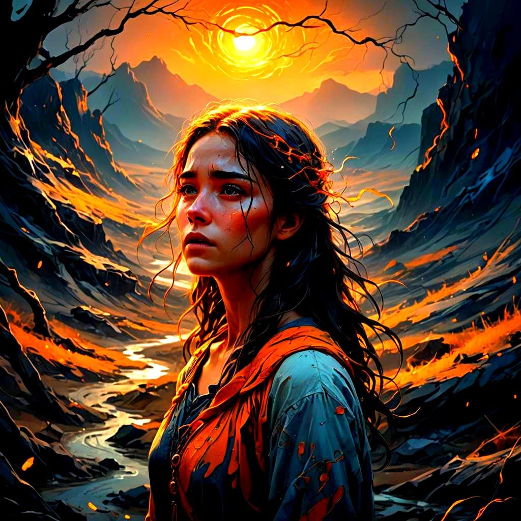 Lonely Girl's Ascent: Ethereal Light in Dark Landscape