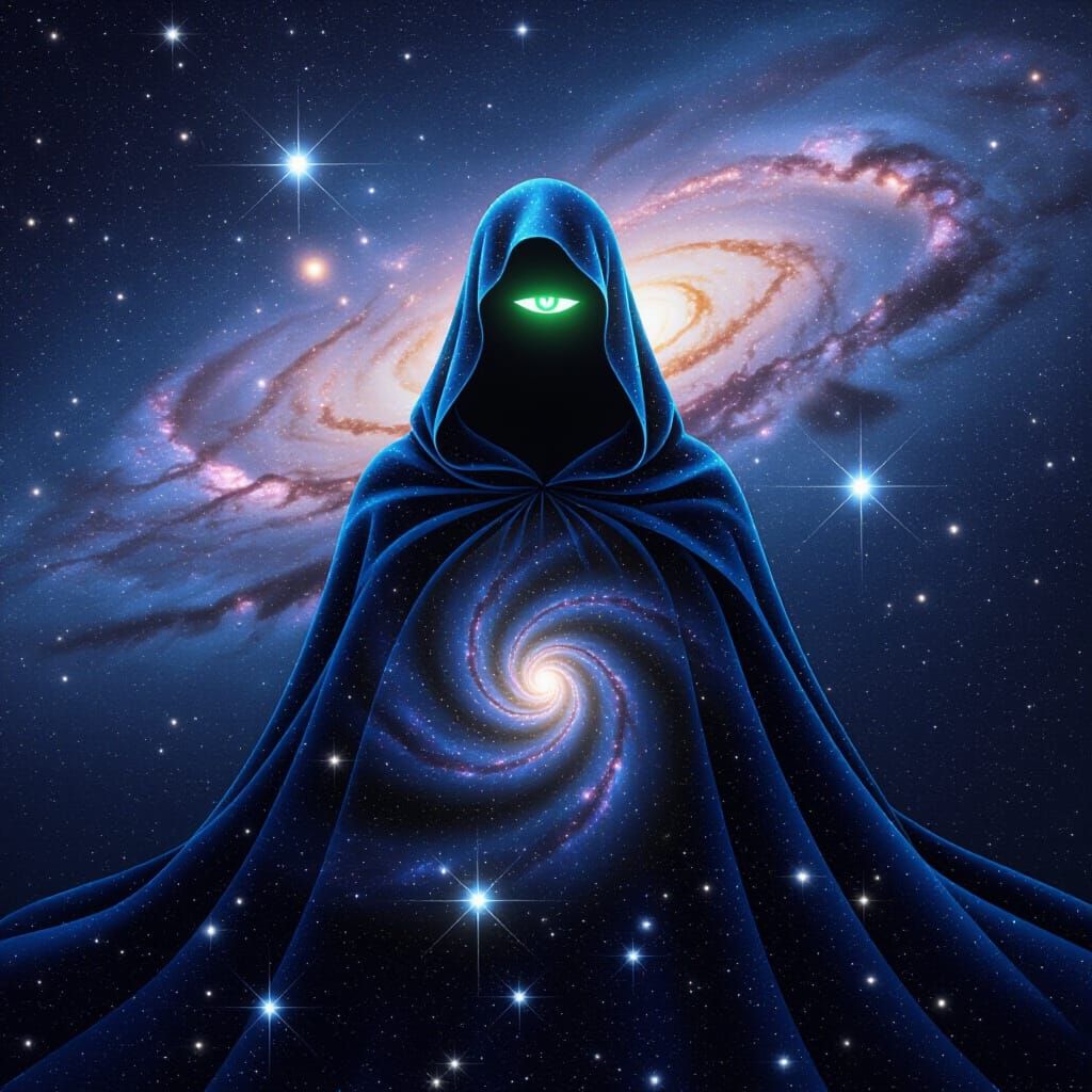Hooded Cosmic Figure with Galaxy Eyes