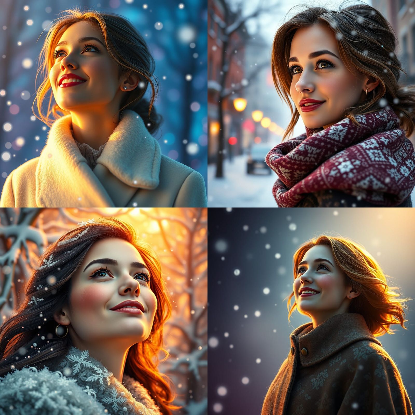 Woman Smiling in Snowfall: Hyperrealistic Splash Art