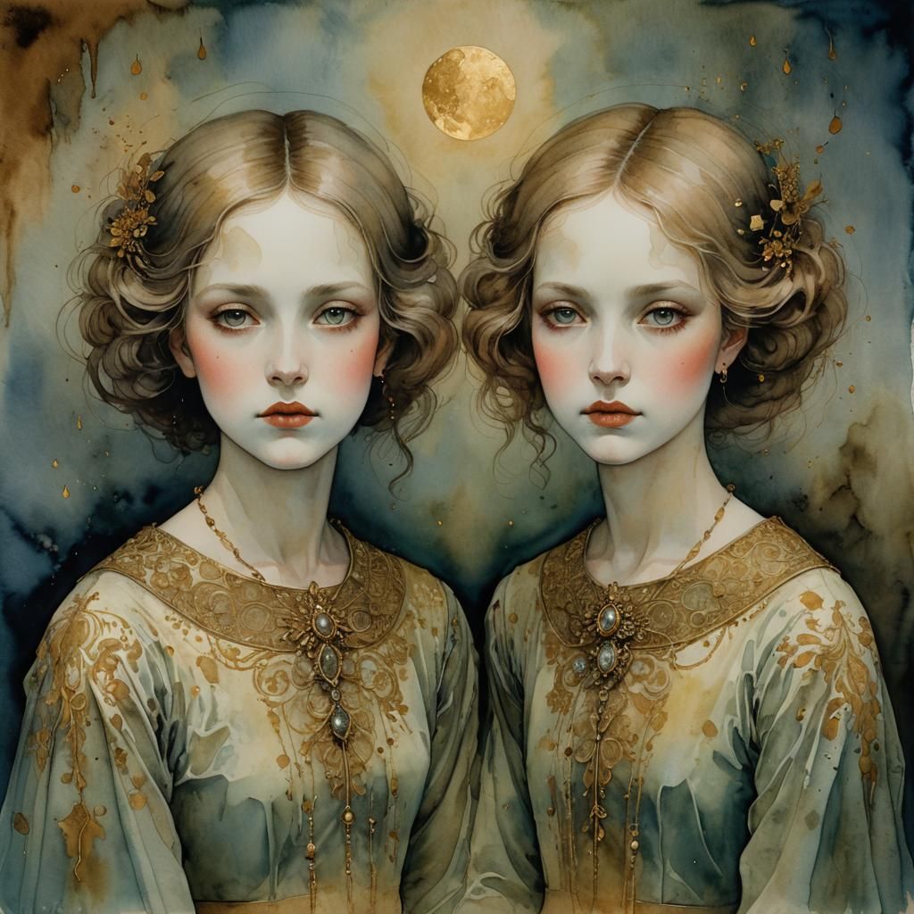 Eerie Twin Girls: A Moody Gilded Watercolor Portrait