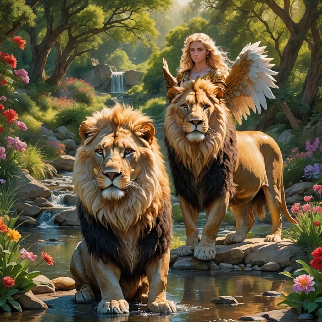 Archangel Ariel and Lion by Creek, Matte Painting