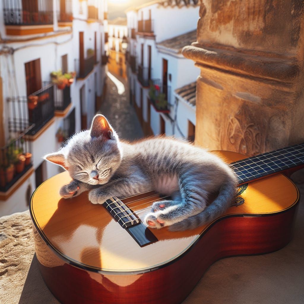 Chartreux Kitten Napping on Flamenco Guitar in Spain