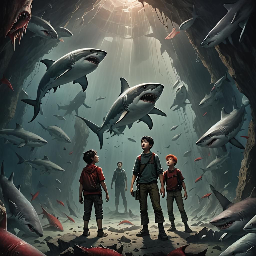 Eerie Underwater Cavern: Boys Surrounded by Sharks