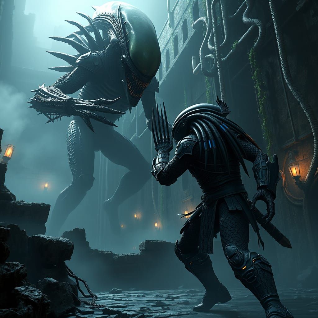 Ancient Predator Battles Twisted Alien in Gothic Ruin