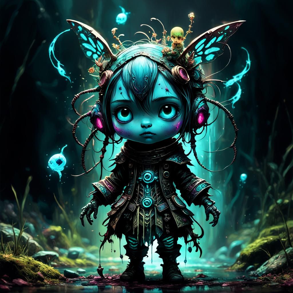 Bioluminescent Chibi Figure in Gothic Art Style
