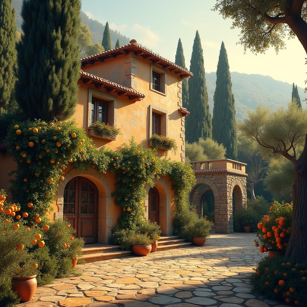 Mediterranean Villa with Citrus Trees in Digital Art Style
