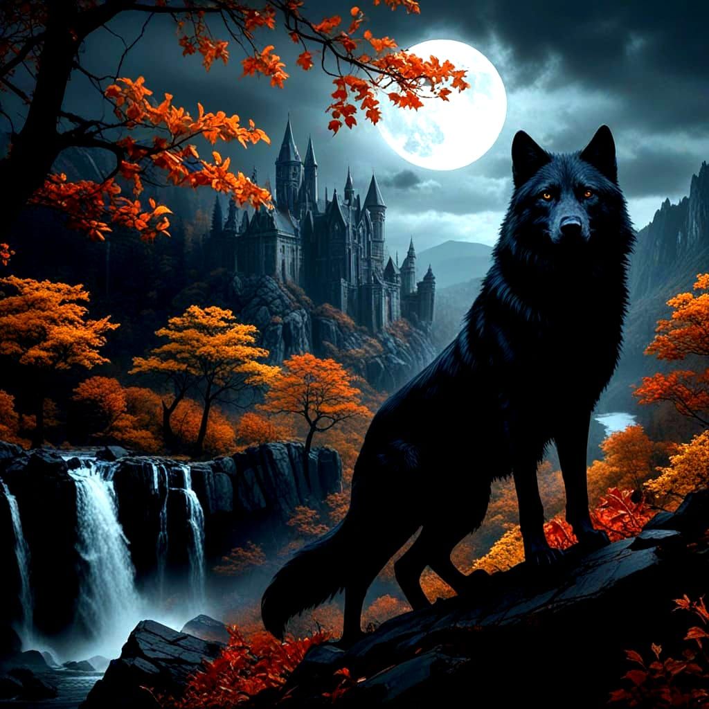 Majestic Wolf on Moonlit Autumn Ridge