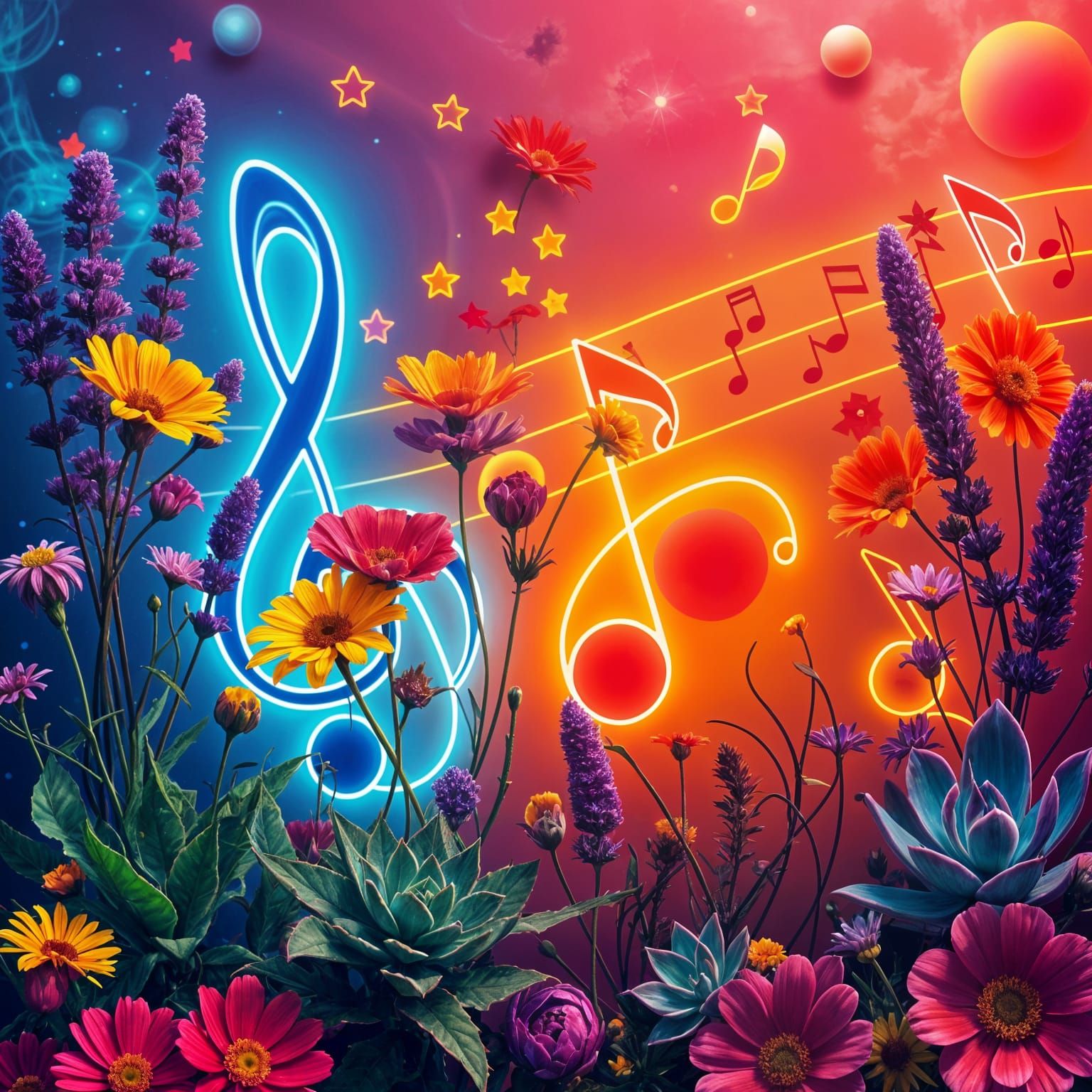 Neon Retro Musical Notes with Wildflowers