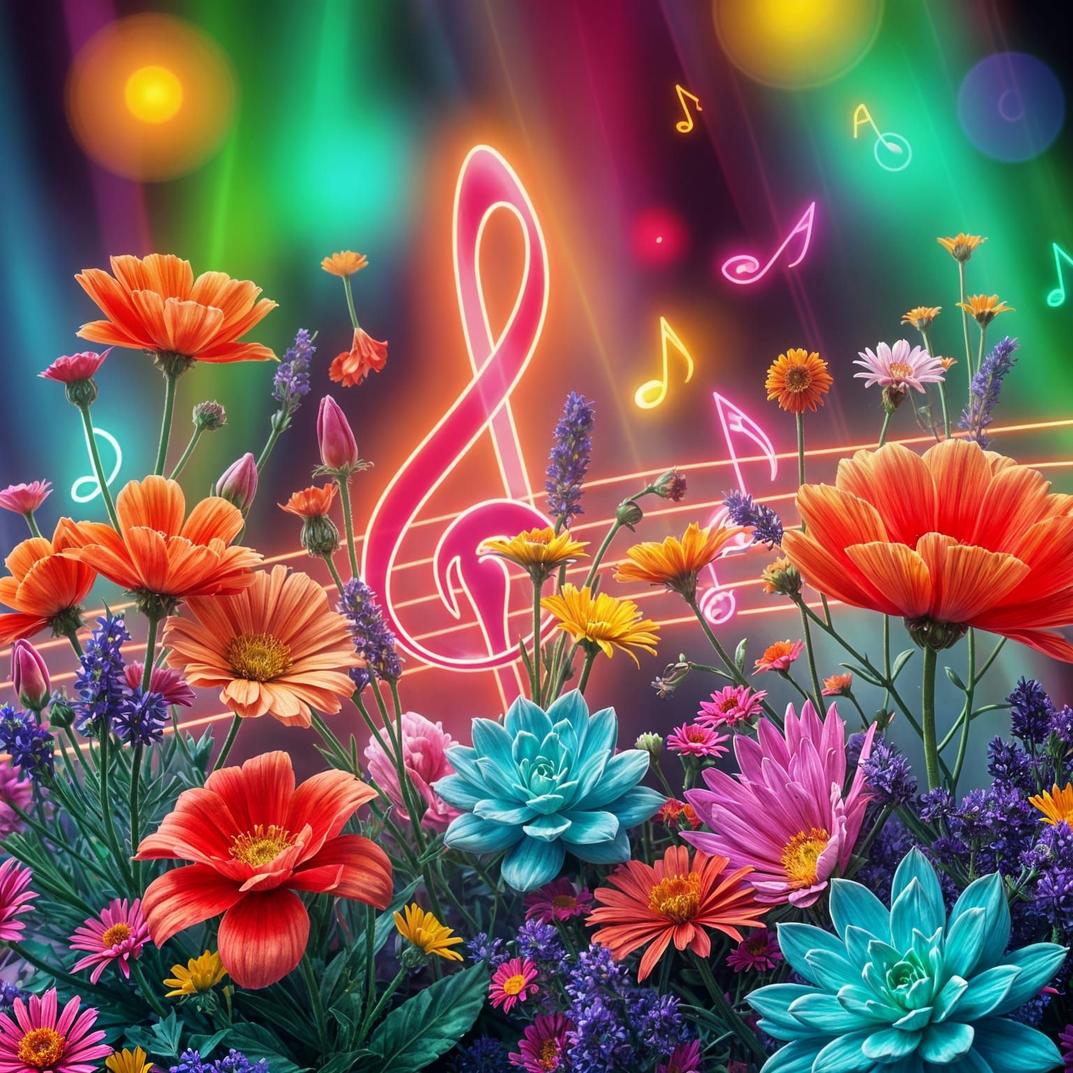 Musical Notes with Wildflowers in Synthwave Style