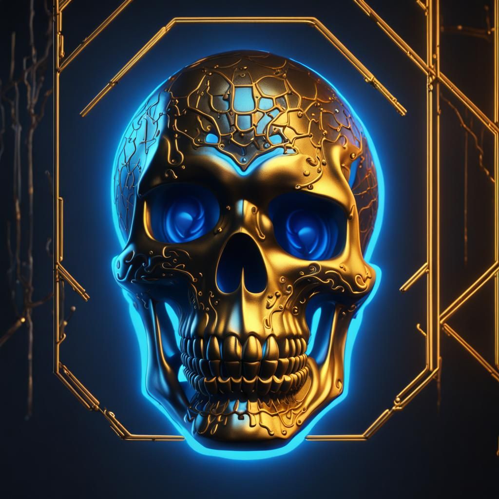 Neon Halloween Golden Skull on Black Background