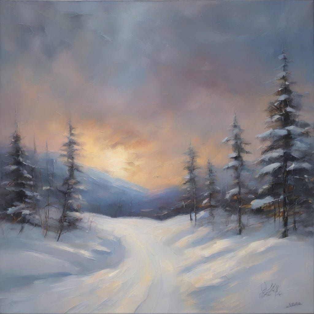Impressionist Winter Landscape Painting of First Snowfall