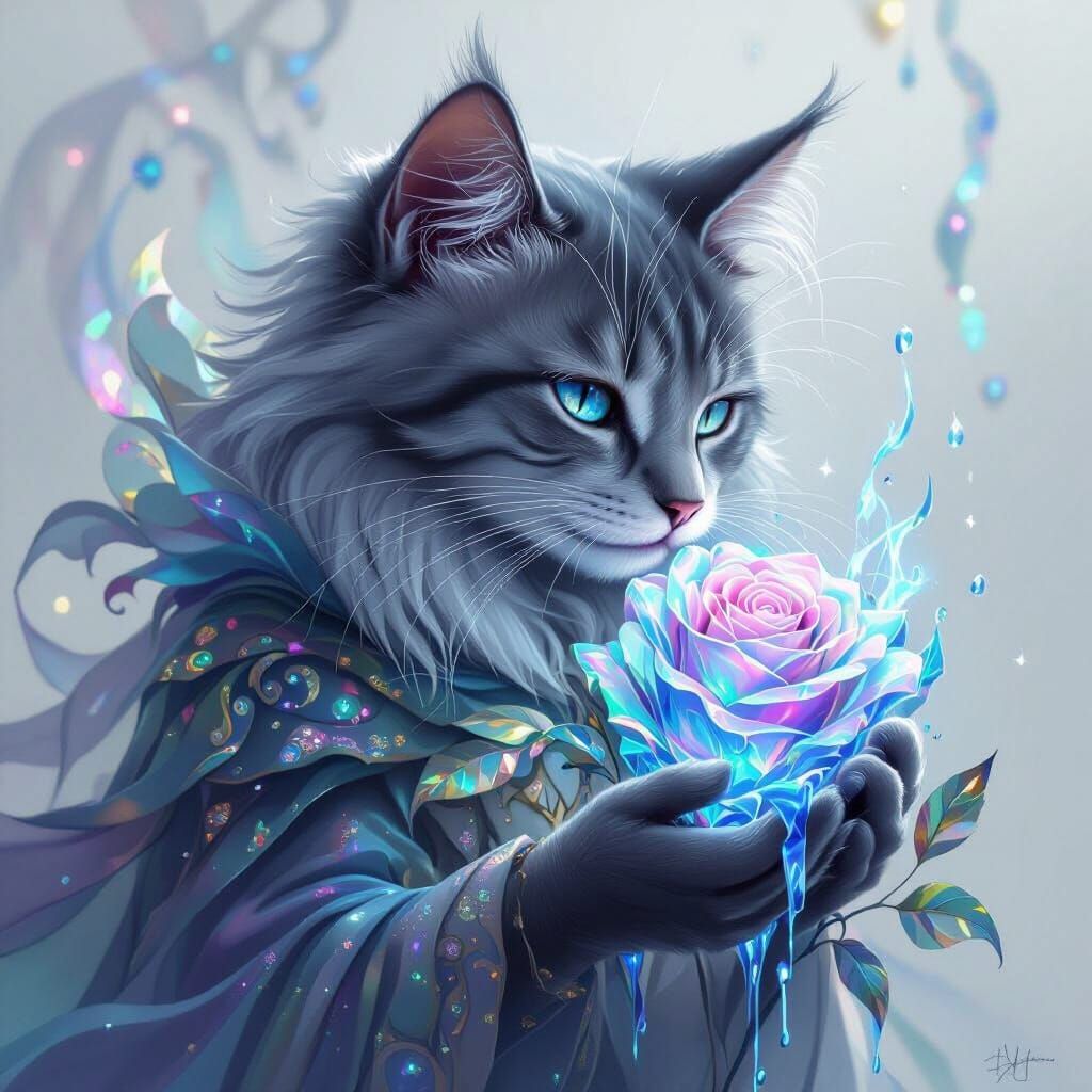 Iridescent Cat Embraces Mystical Rose: Digital Art