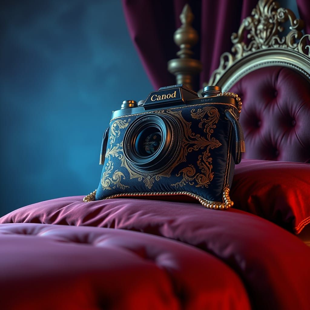 Luxurious Velvet Camera Pillow in Fantasy Setting