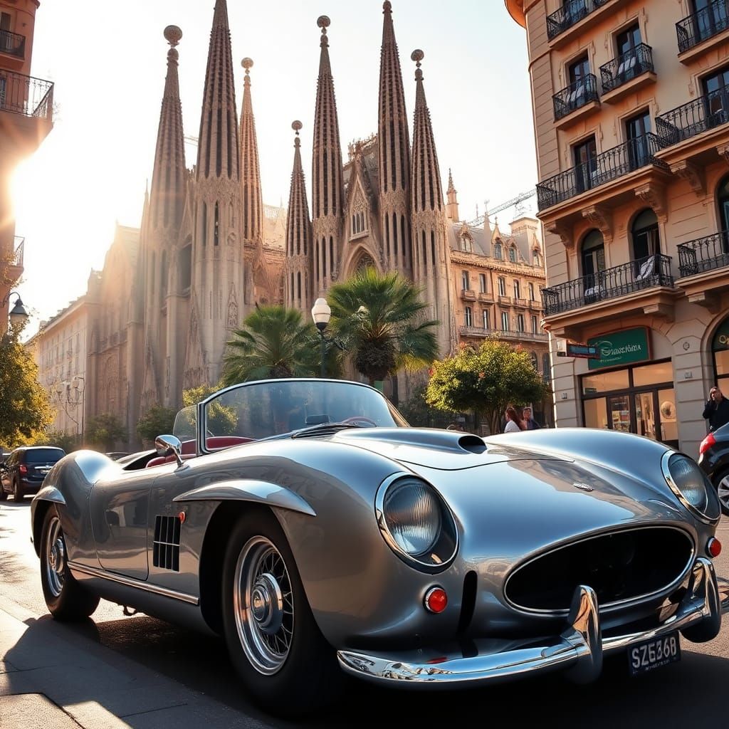 Vintage Car in Barcelona, Surrealist Art Style