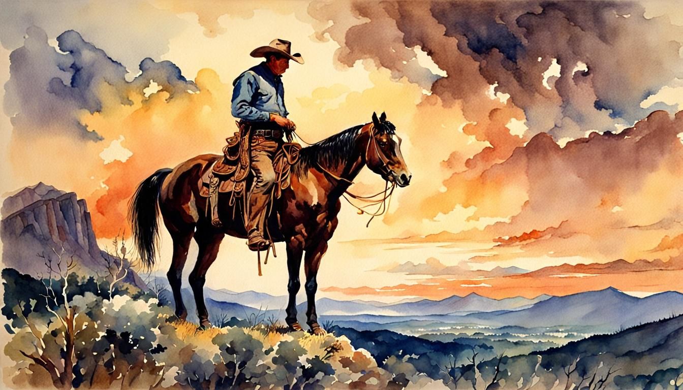 Cowboy on Horseback at Dusk: Watercolor Illustration