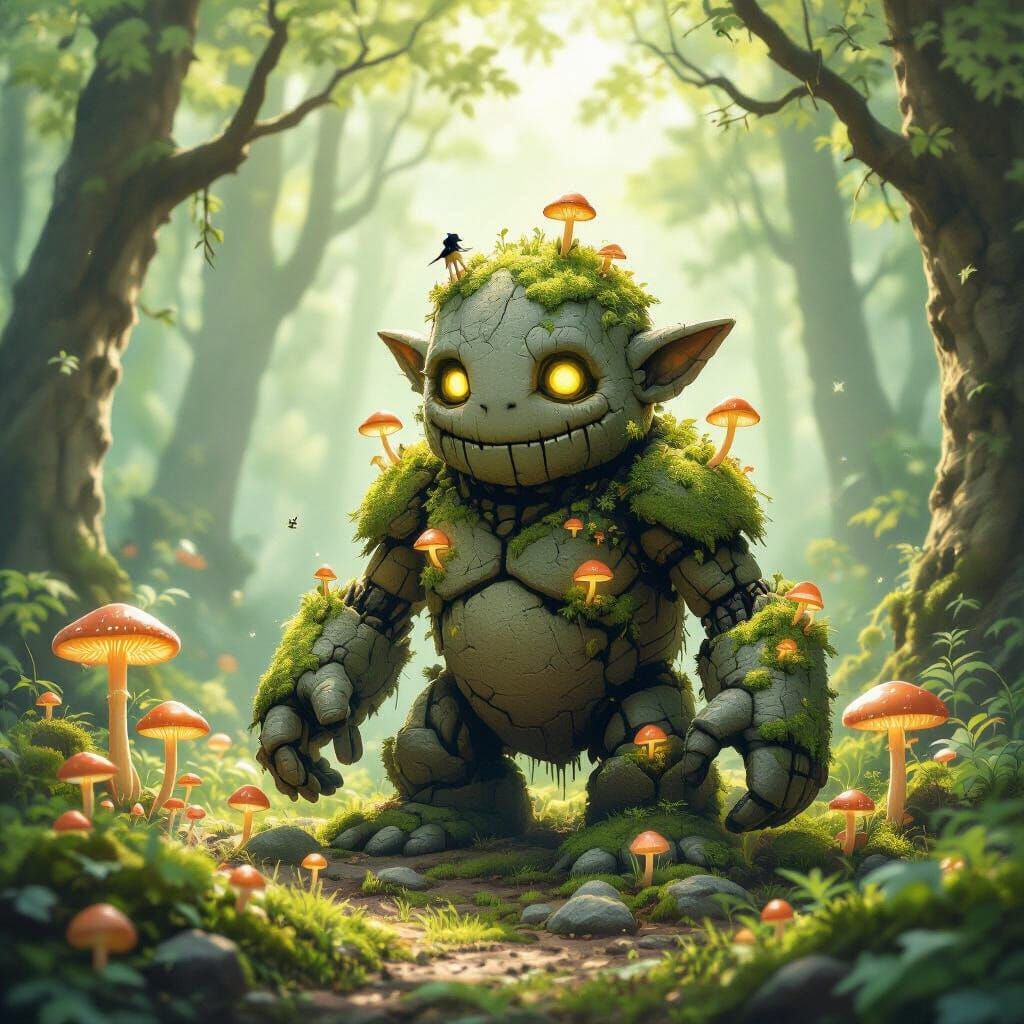 Mossy Golem Awakens in Enchanted Forest with Sprites