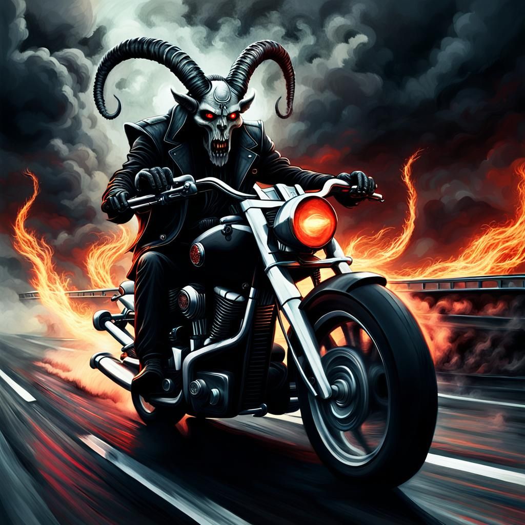 Baphomet on Ghost Motorcycle: Dark Fantasy Illustration