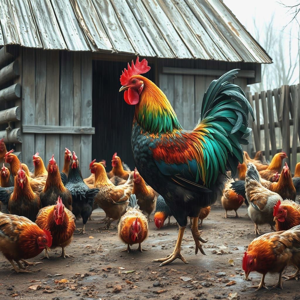 Rustic Barn Yard Scene with Vibrant Chooks and Rooster