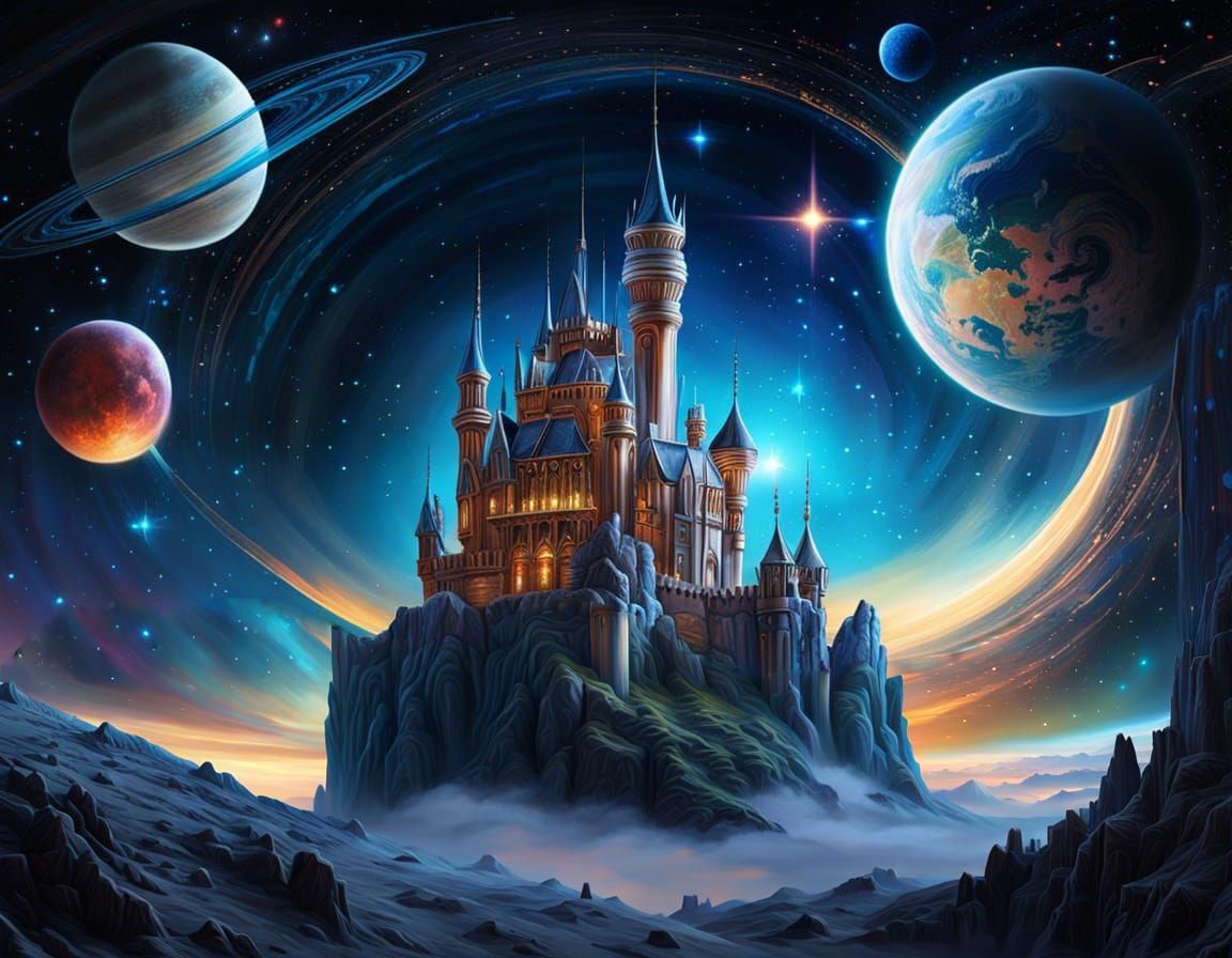 Ethereal Ghost Castle Floating in Space, Surreal Digital Art
