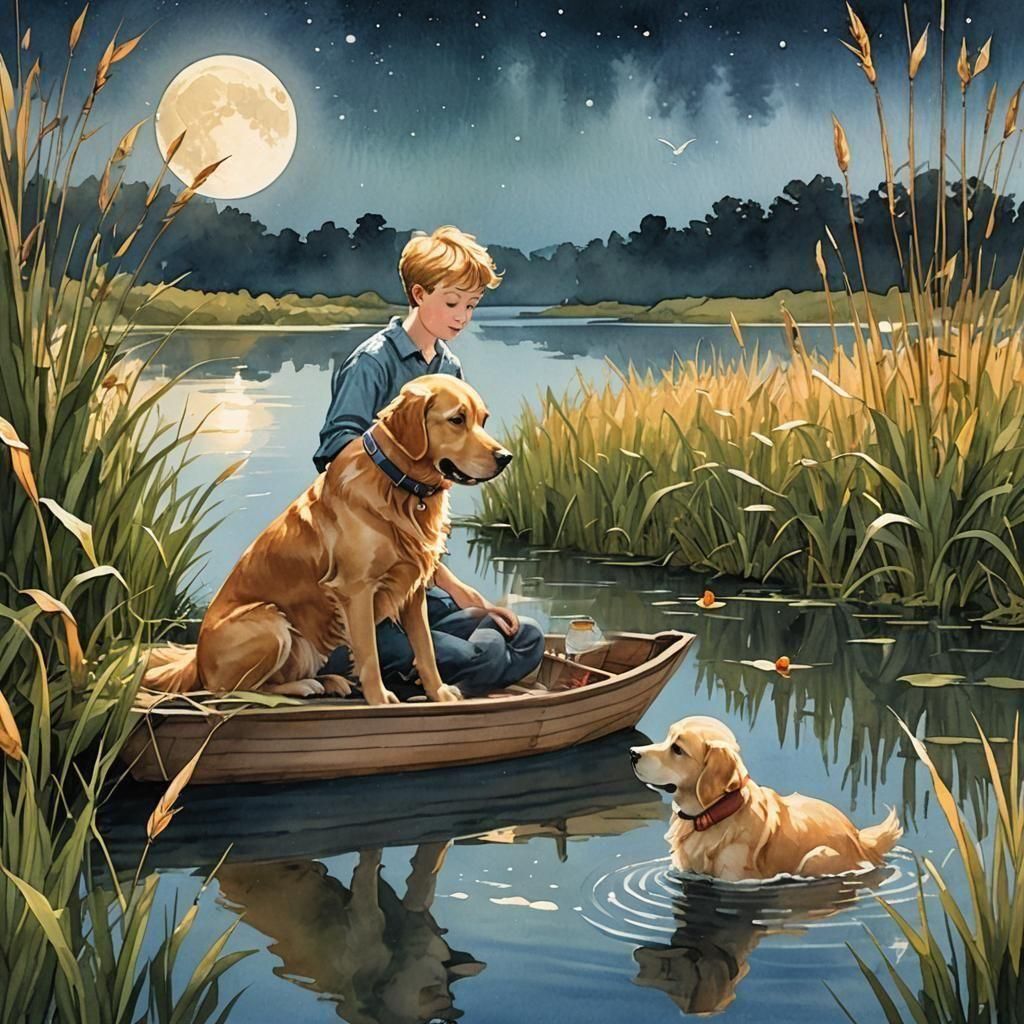Enchanting Moonlit Lake Scene with Boy and Dog