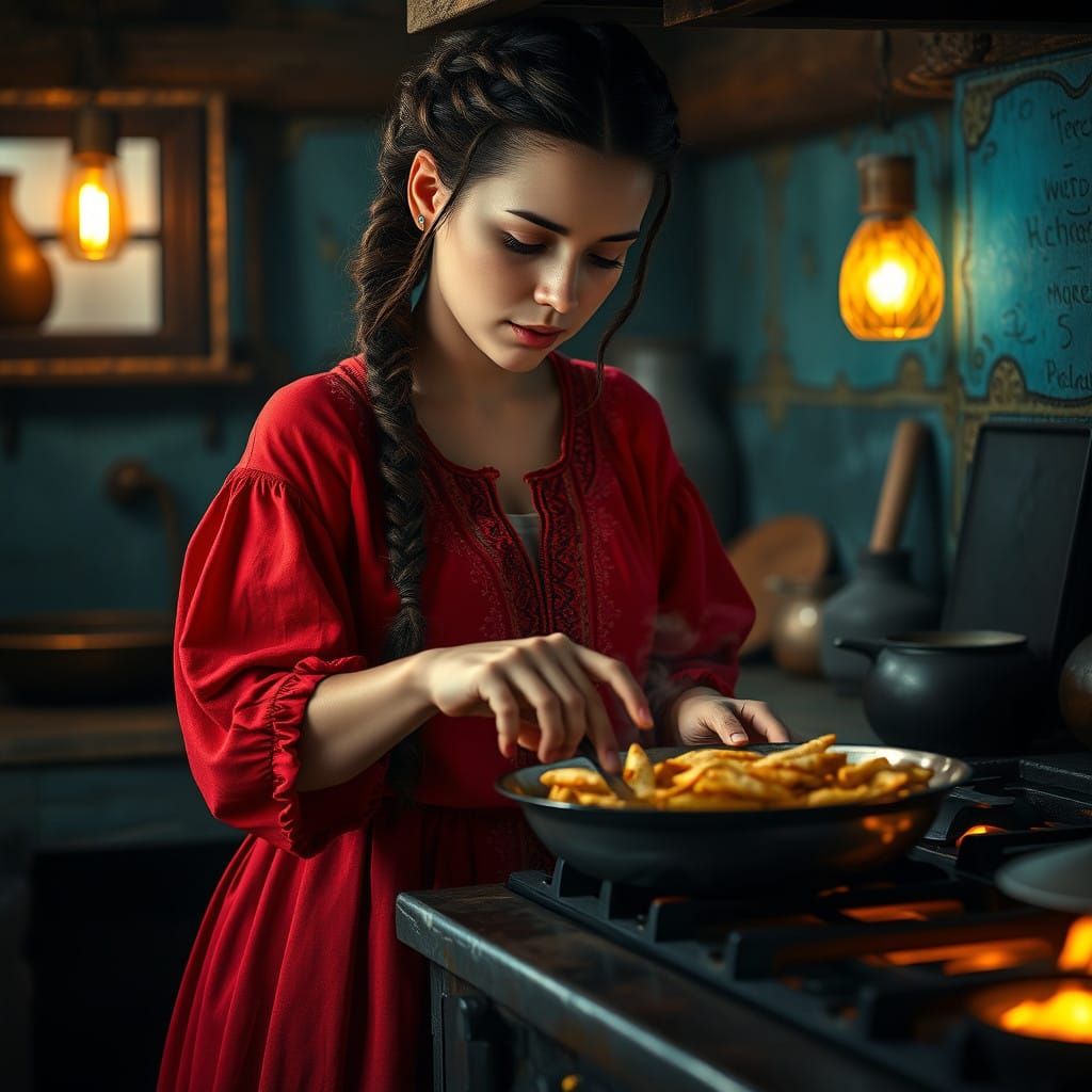 Mystical Kitchen Scene in Vibrant Colors