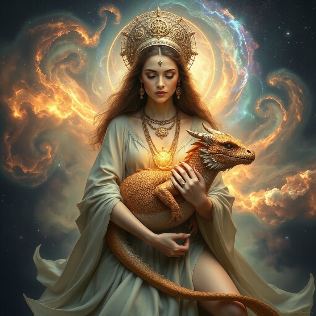 Earth Goddess with Celestial Dragon in Magical Realism