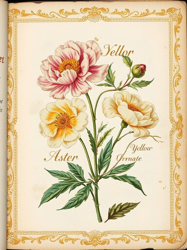 Victorian Botanical Illustration of Yellow Aster