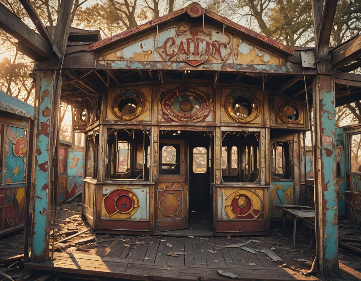 Dilapidated Funhouse at Deserted Carnival: Eerie Surrealism