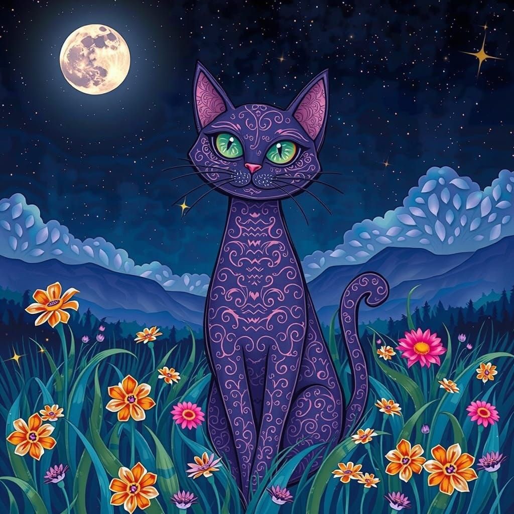 Dreamy Purple Cat Amidst Wildflowers Under the Night Sky