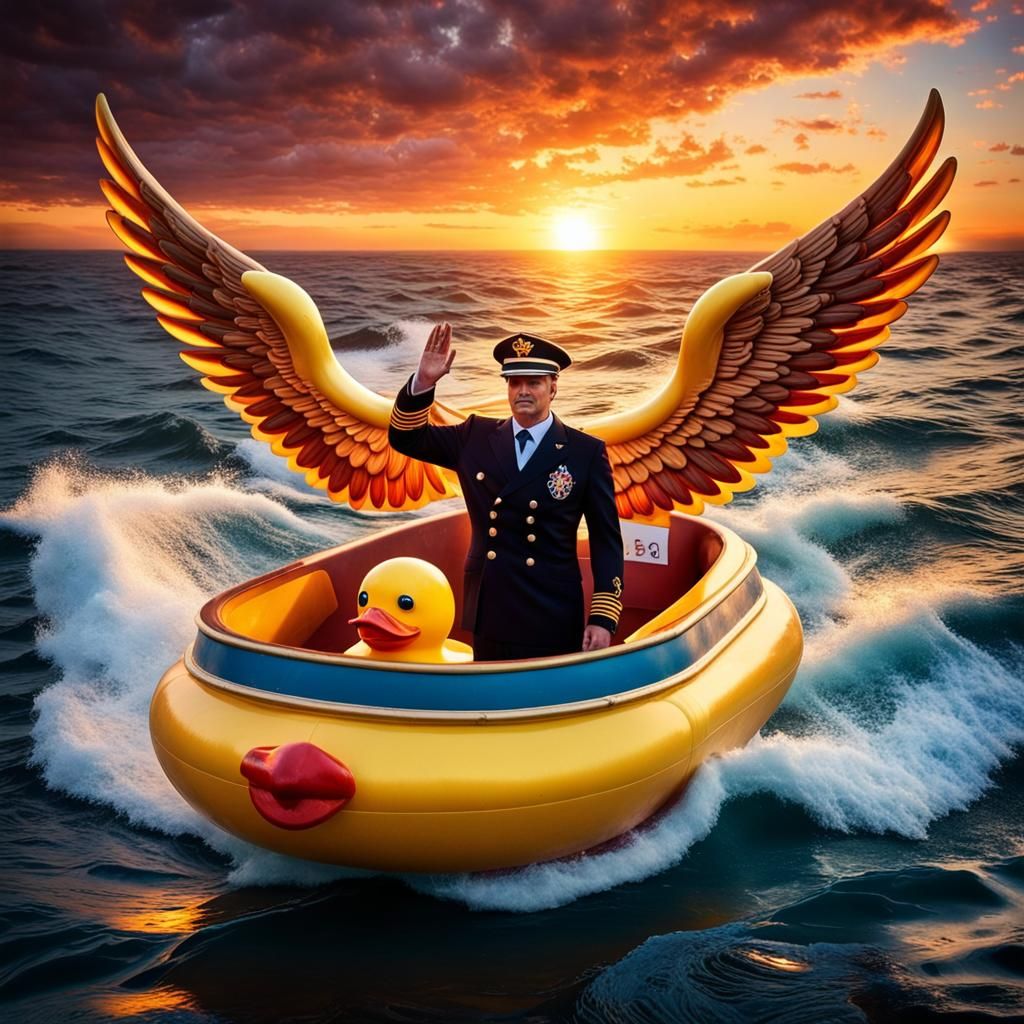 Ship Captain in Rubber Ducky Boat at Sunset