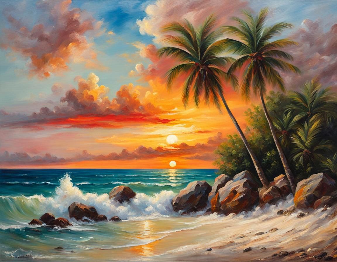 Caribbean Sunset Seascape in Oil Paint Style