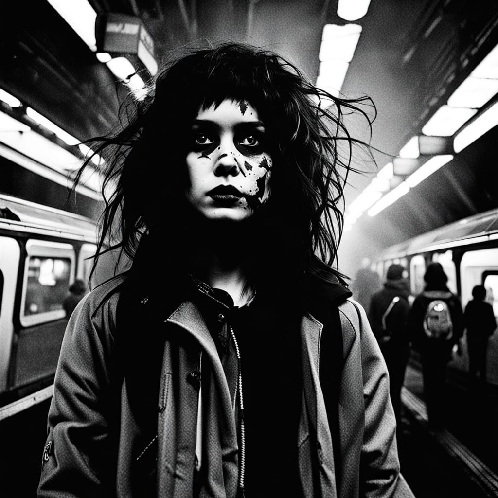 Gritty Goth Fashion in Crowded Subway: Black and White Photo...