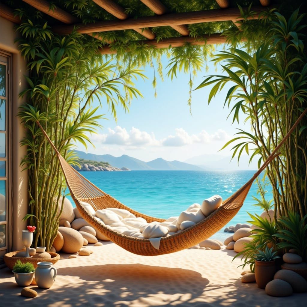 Cozy Patio Overlooking Azure Sea with Hammock